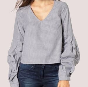 BP Nordstrom Ruched Balloon Sleeve Pinstripe Top Dark Grey & White Blouse S